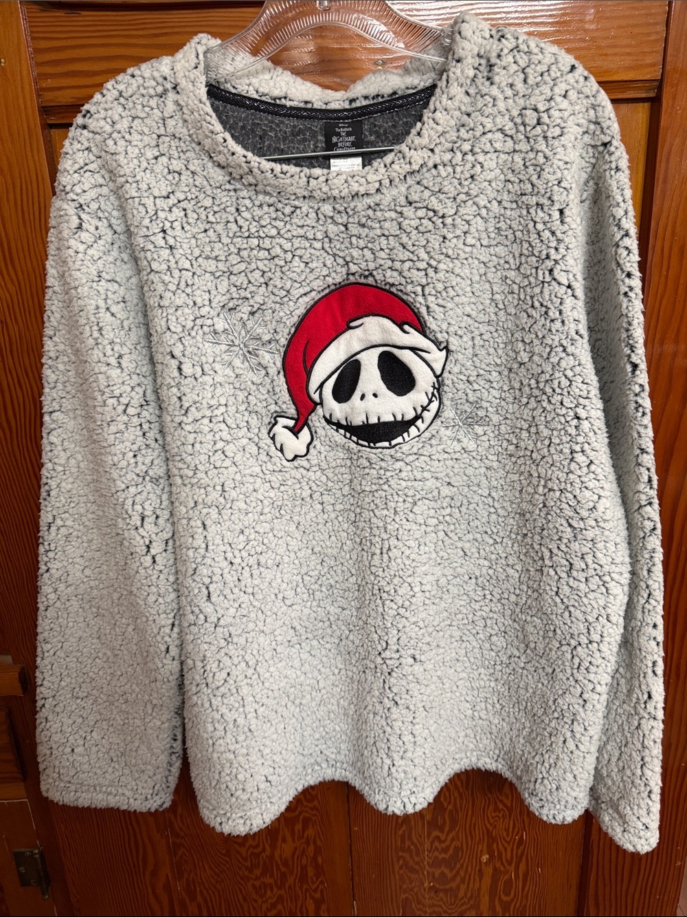Cream Sherpa Holiday Pullover with Red Santa Skull Motif